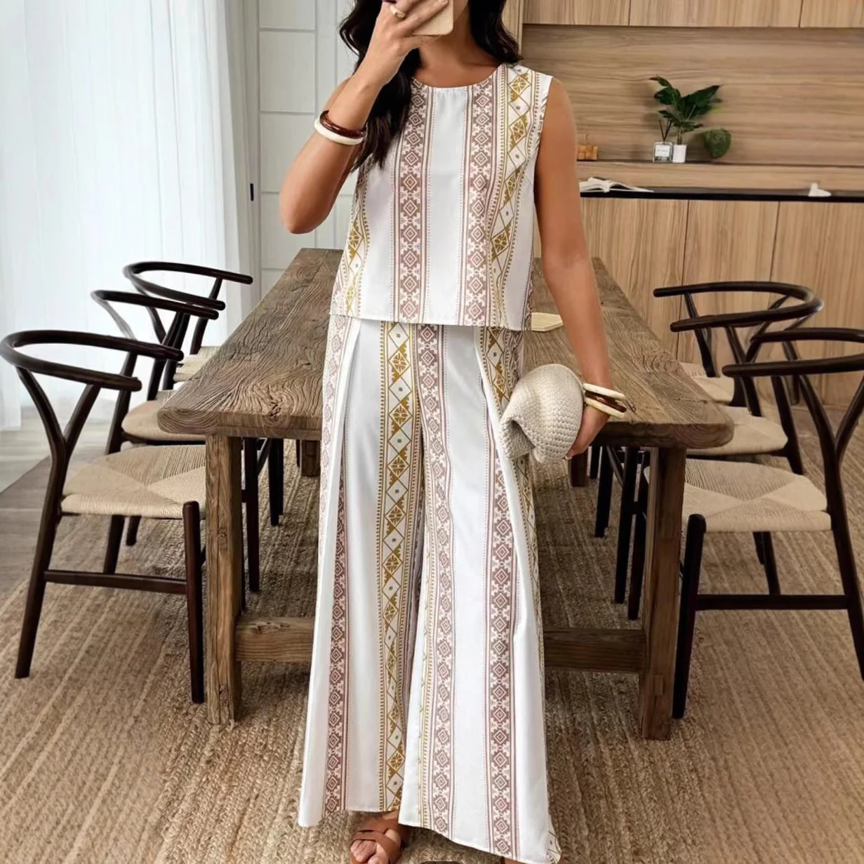 Women's Set Top and Pants – Sleeveless – High Waist – Geometric Design – Airy - Image 2