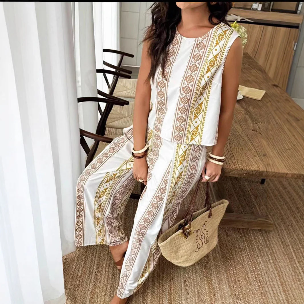 Women's Set Top and Pants – Sleeveless – High Waist – Geometric Design – Airy - Image 3