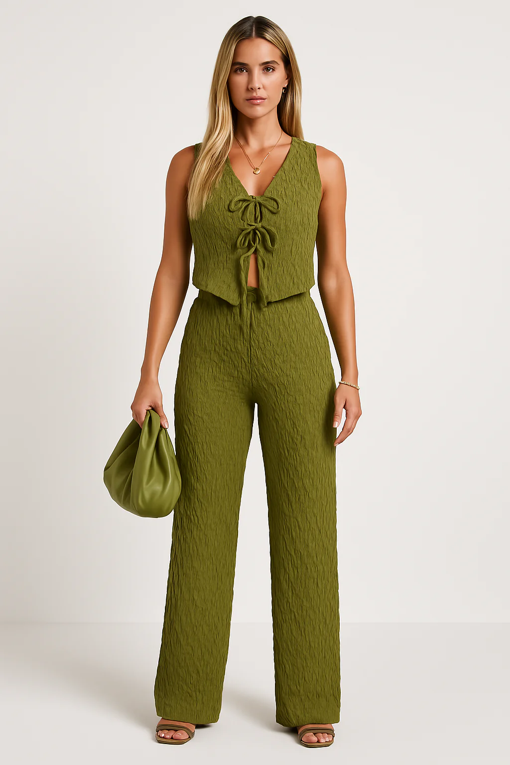 Ladies Set Top and Pants – Sleeveless – V-Neck Bow – Crinkle Fabric – Comfort Fit - Image 2