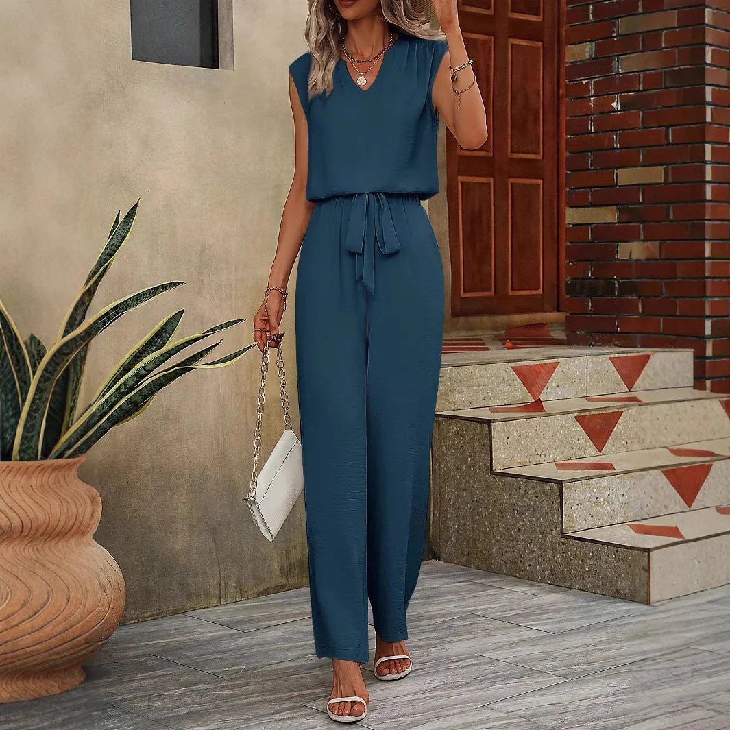 Women's Set Top and Pants – Sleeveless – V-neck – Wide Fit – Adjustable Waist - Image 2