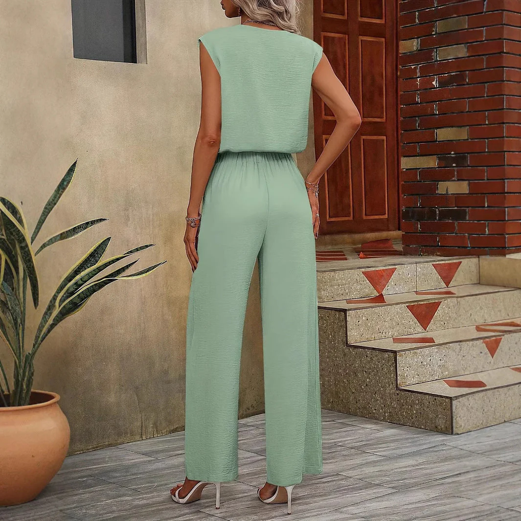 Women's Set Top and Pants – Sleeveless – V-neck – Wide Fit – Adjustable Waist - Image 4