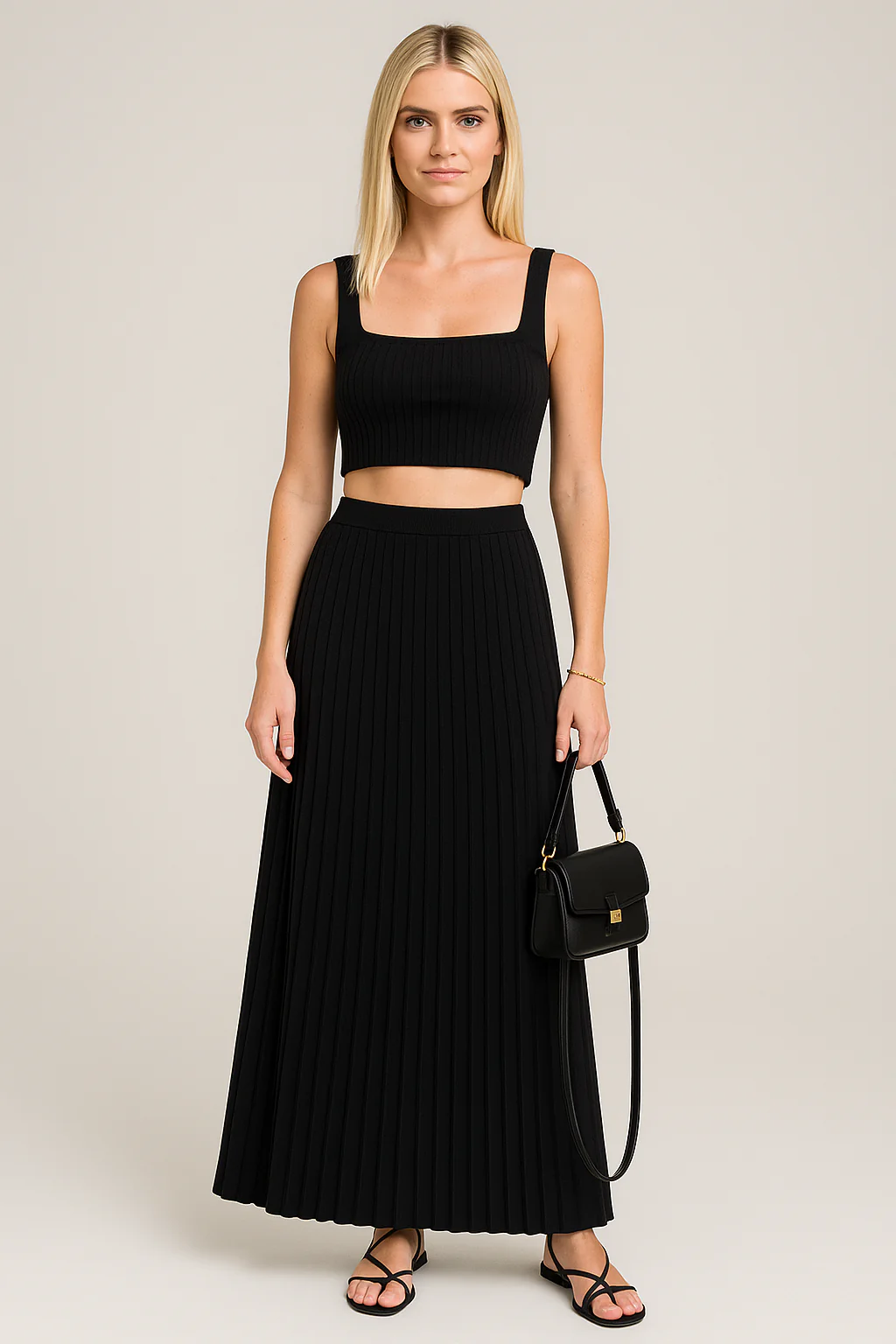 Women's Set Top And Skirt – Slim Fit Knitted Crop Top – Plissé Maxi Skirt – Soft Stretch - Image 2