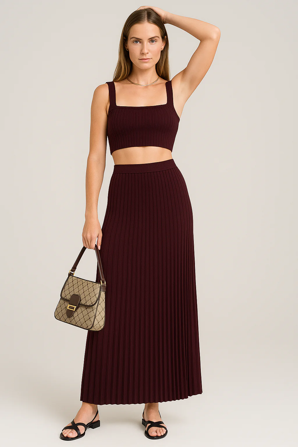Women's Set Top And Skirt – Slim Fit Knitted Crop Top – Plissé Maxi Skirt – Soft Stretch - Image 3
