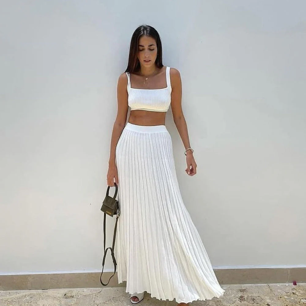 Women's Set Top And Skirt – Slim Fit Knitted Crop Top – Plissé Maxi Skirt – Soft Stretch - Image 4