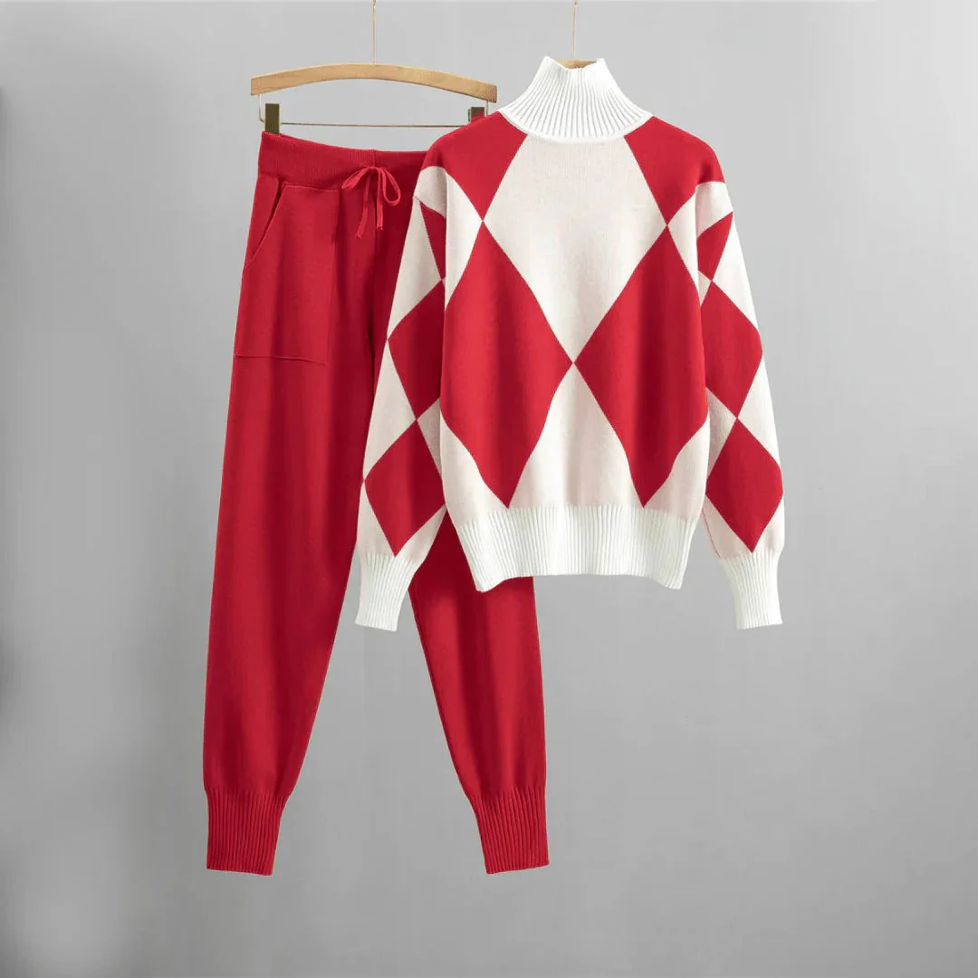 Ladies Set Sweater and Pants – Relaxed Fit – Knitted – Argyle Pattern – Ribbed Edges - Image 2