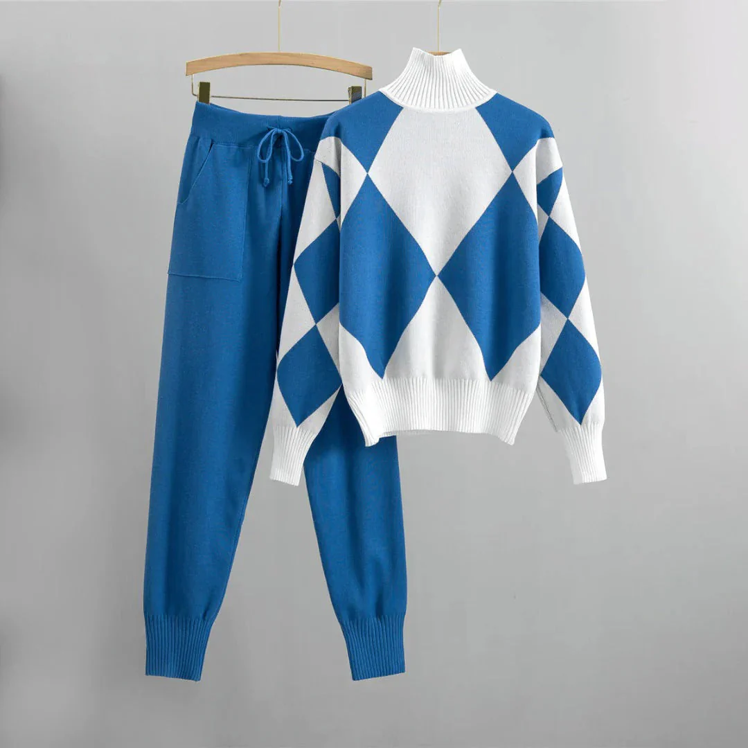 Ladies Set Sweater and Pants – Relaxed Fit – Knitted – Argyle Pattern – Ribbed Edges - Image 3