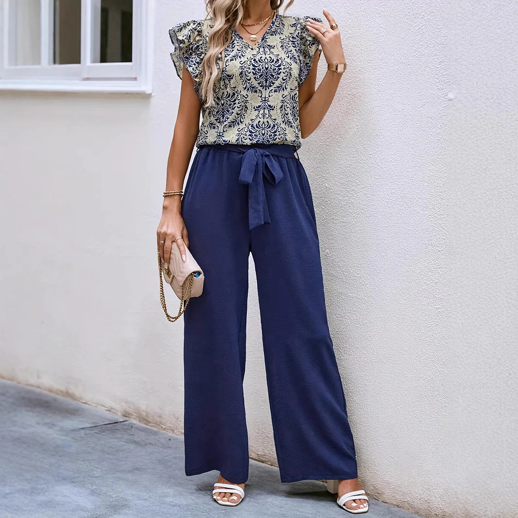 Ladies Set – V-neck Floral Top with Ruffles – High Waist Wide Legs with Belt - Image 2