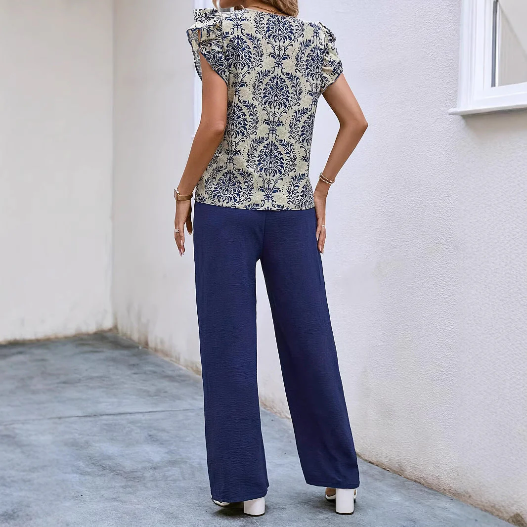 Ladies Set – V-neck Floral Top with Ruffles – High Waist Wide Legs with Belt - Image 3