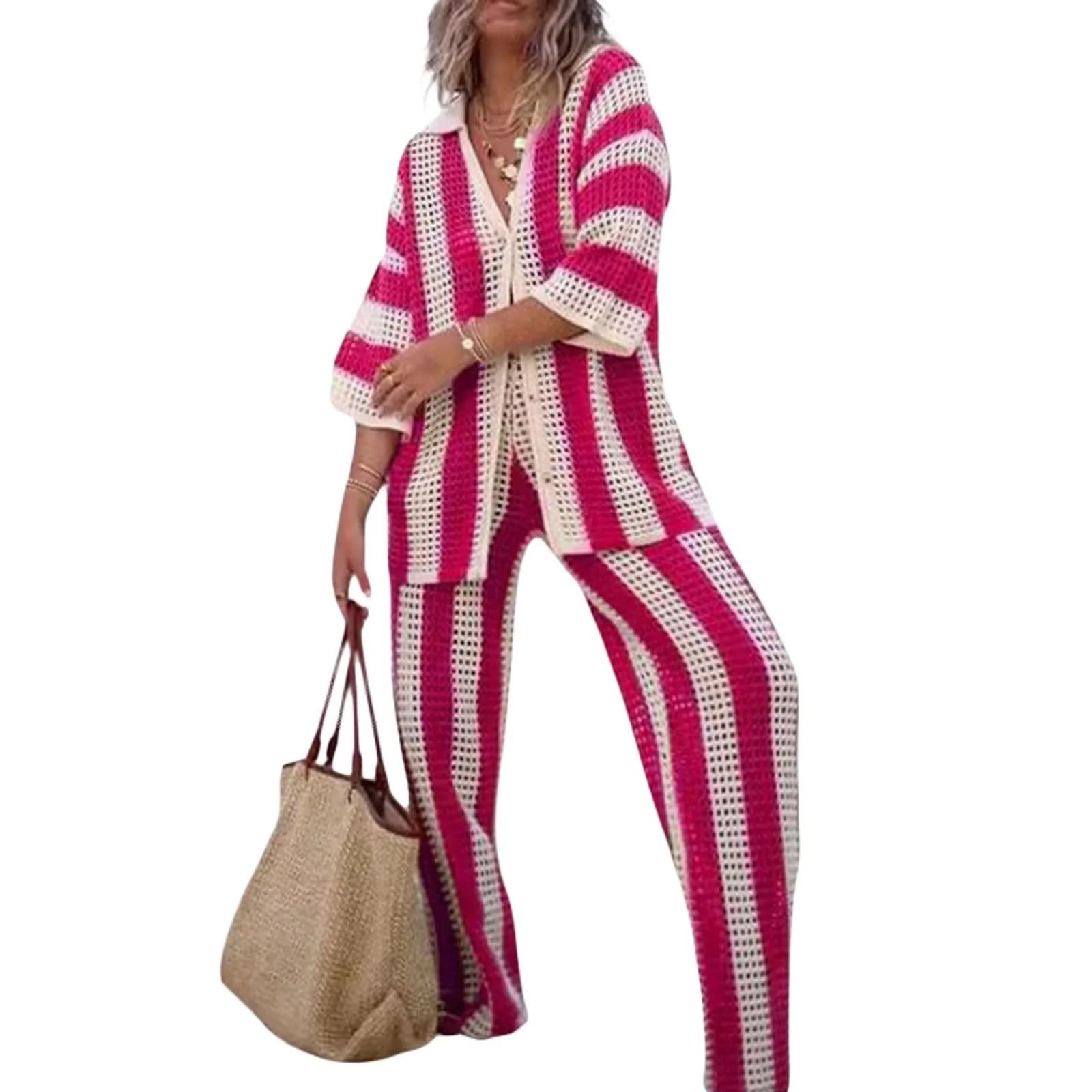 Ladies Set – V-neck Shirt and Wide Pants – Airy Open Knit – Loose Fit - Image 4
