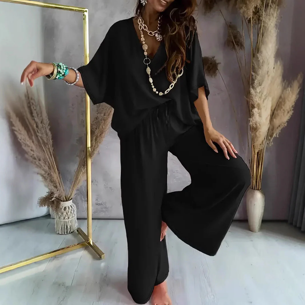 Women's Set – V-neck Top and Wide Pants – Relaxed Fit – Breathable Comfort - Image 2
