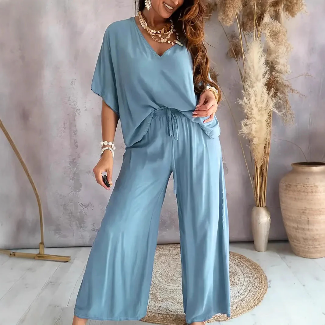 Women's Set – V-neck Top and Wide Pants – Relaxed Fit – Breathable Comfort - Image 3
