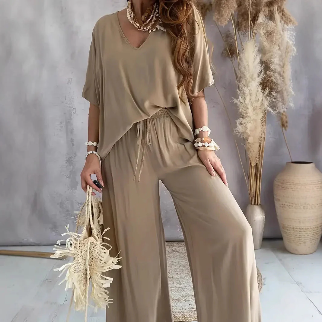Women's Set – V-neck Top and Wide Pants – Relaxed Fit – Breathable Comfort - Image 4