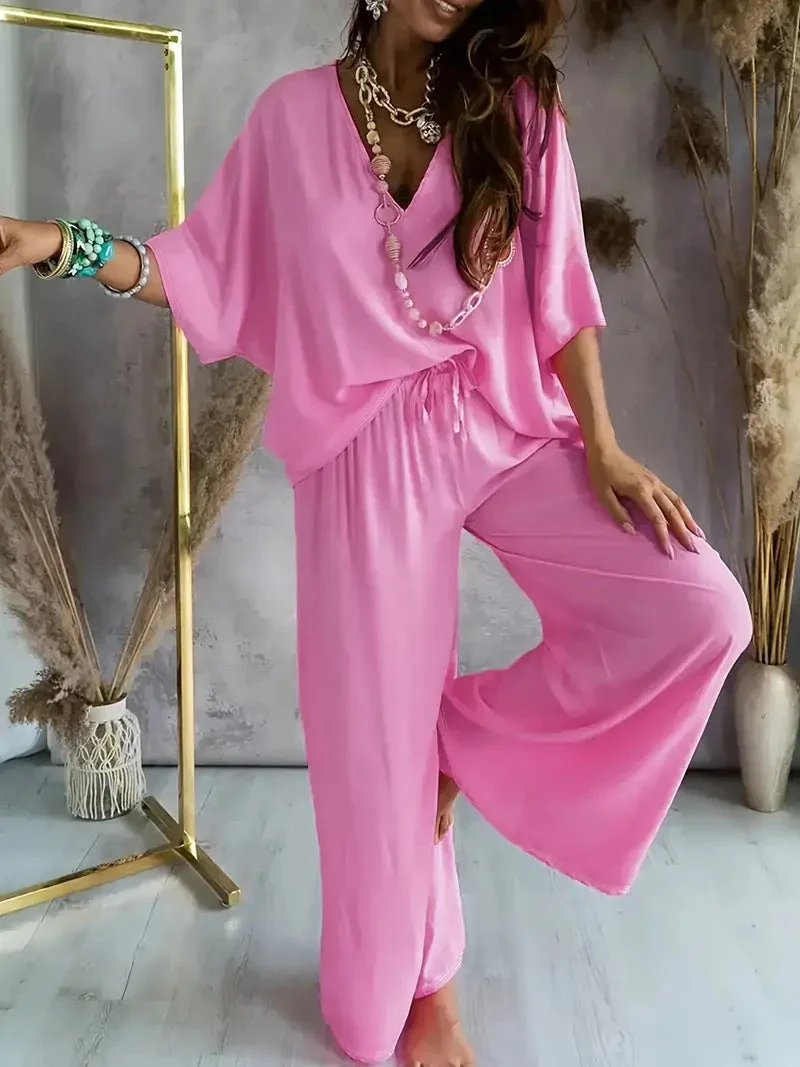 Women's Set – V-neck Top and Wide Pants – Relaxed Fit – Breathable Comfort - Image 5
