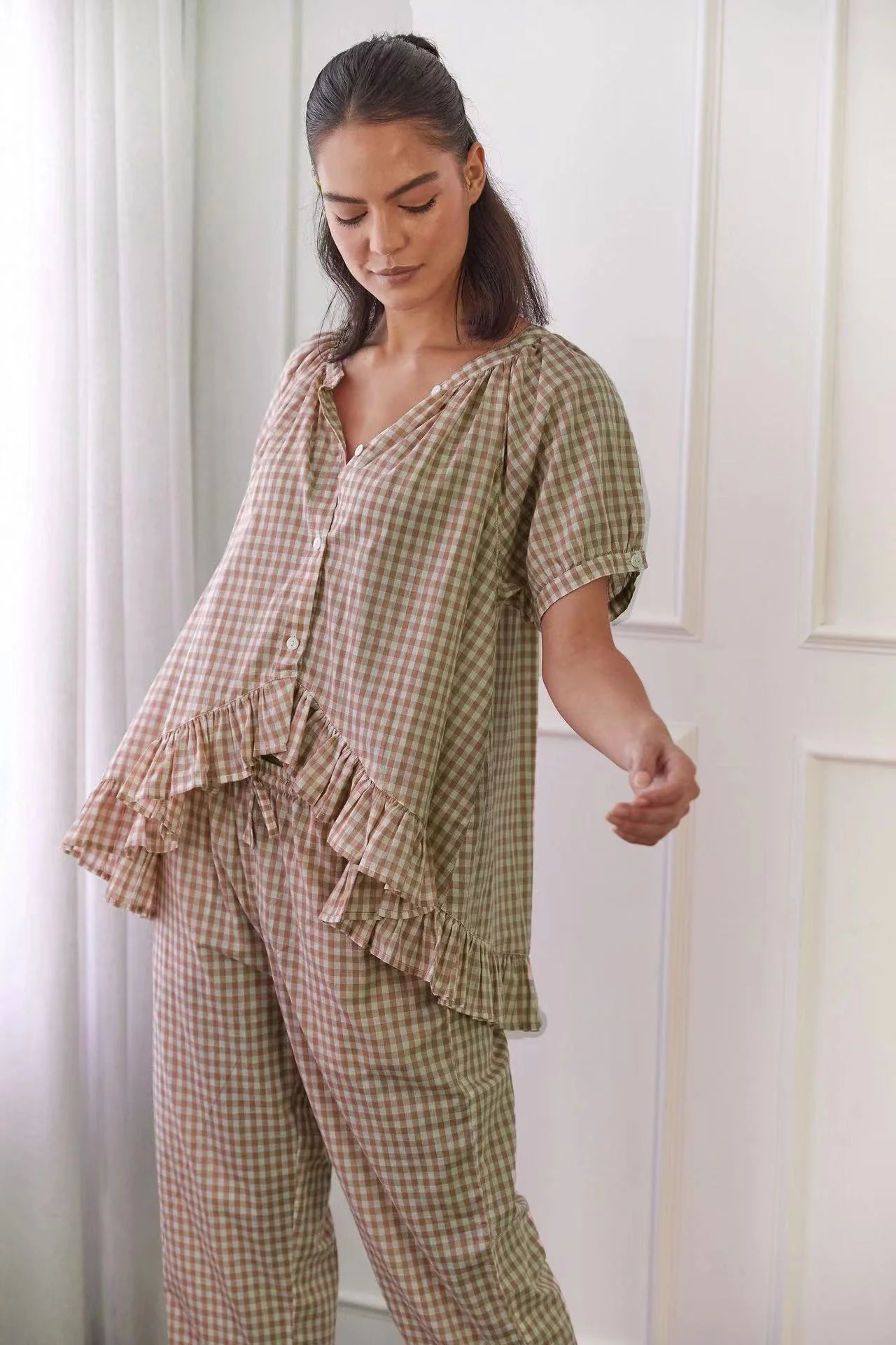 Ladies Set of Blouse and Trousers – Cotton – Relaxed Fit – Ruffles – Checked - Image 2