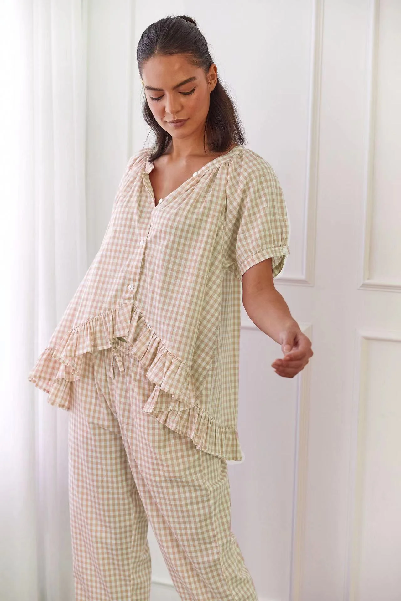 Ladies Set of Blouse and Trousers – Cotton – Relaxed Fit – Ruffles – Checked - Image 3