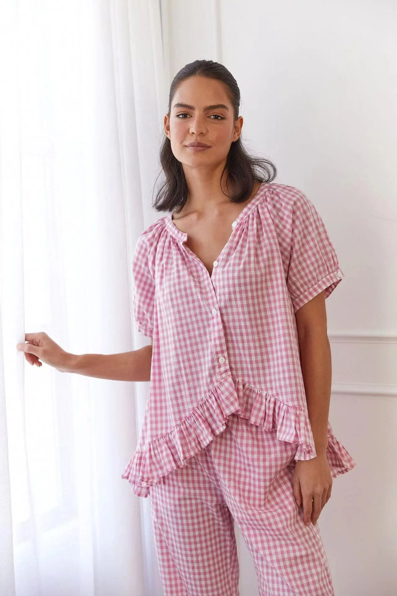 Ladies Set of Blouse and Trousers – Cotton – Relaxed Fit – Ruffles – Checked - Image 5