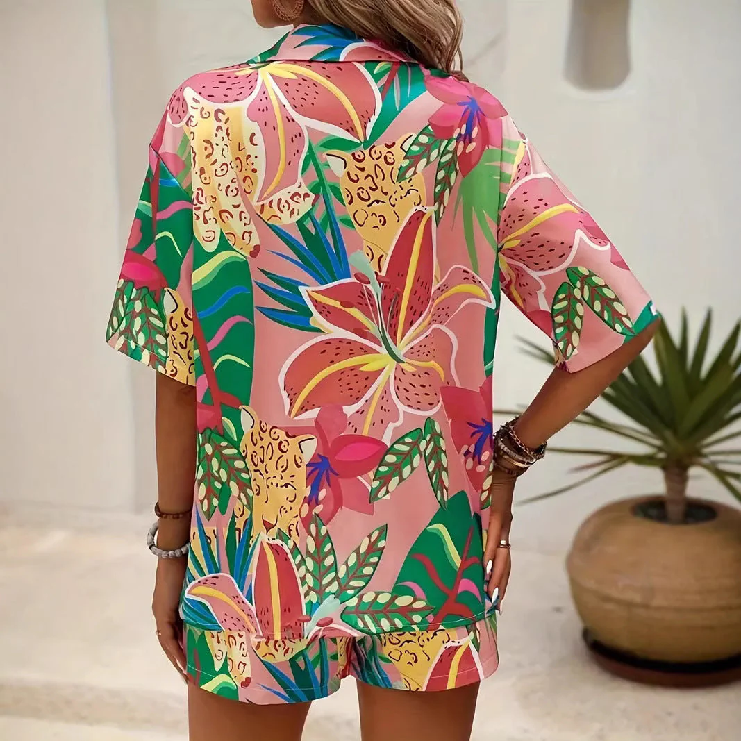 Ladies Set of Blouse and Shorts – Linenlook – Relaxed Fit – Tropical Print - Image 2