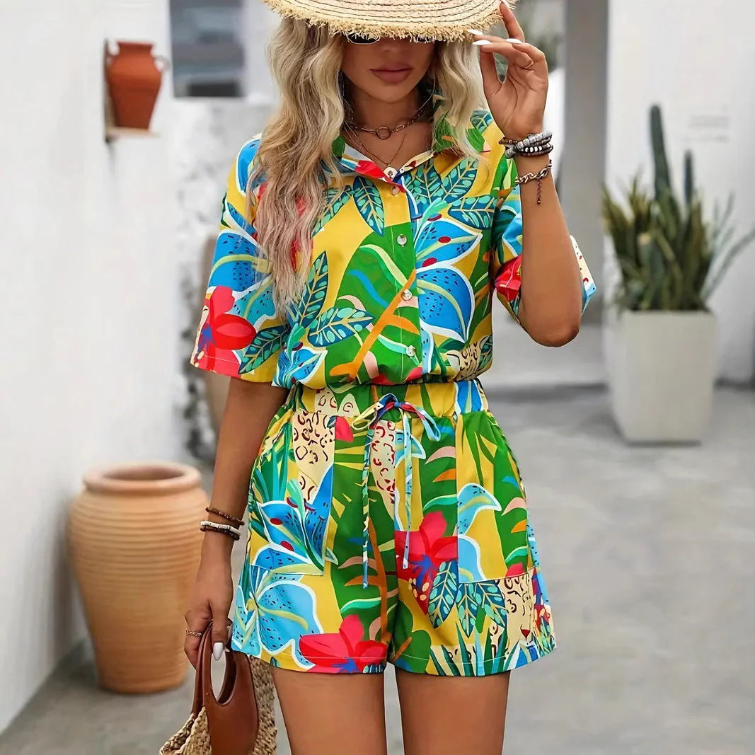 Ladies Set of Blouse and Shorts – Linenlook – Relaxed Fit – Tropical Print - Image 4