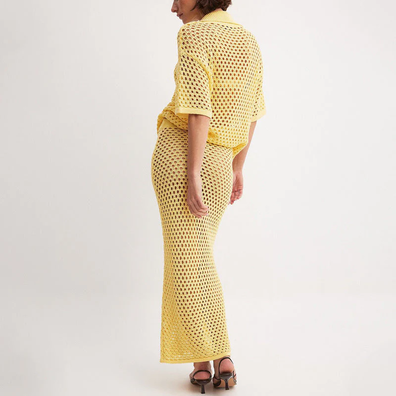 Ladies Set with Knitted Skirt – Fishnet Texture – Relaxed Fit – V-neck Top with Button Closure - Image 2