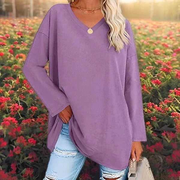 Women's Shirt – Oversized Fit – Cotton – V-neck – Long Sleeves Casual Style - Image 4