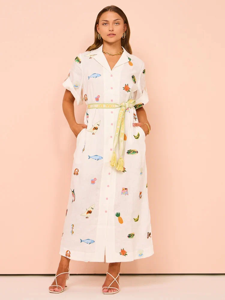 Women's Shirt Dress – Cotton – Relaxed Fit – Midi – Short Sleeves – Belt – Print - Image 2