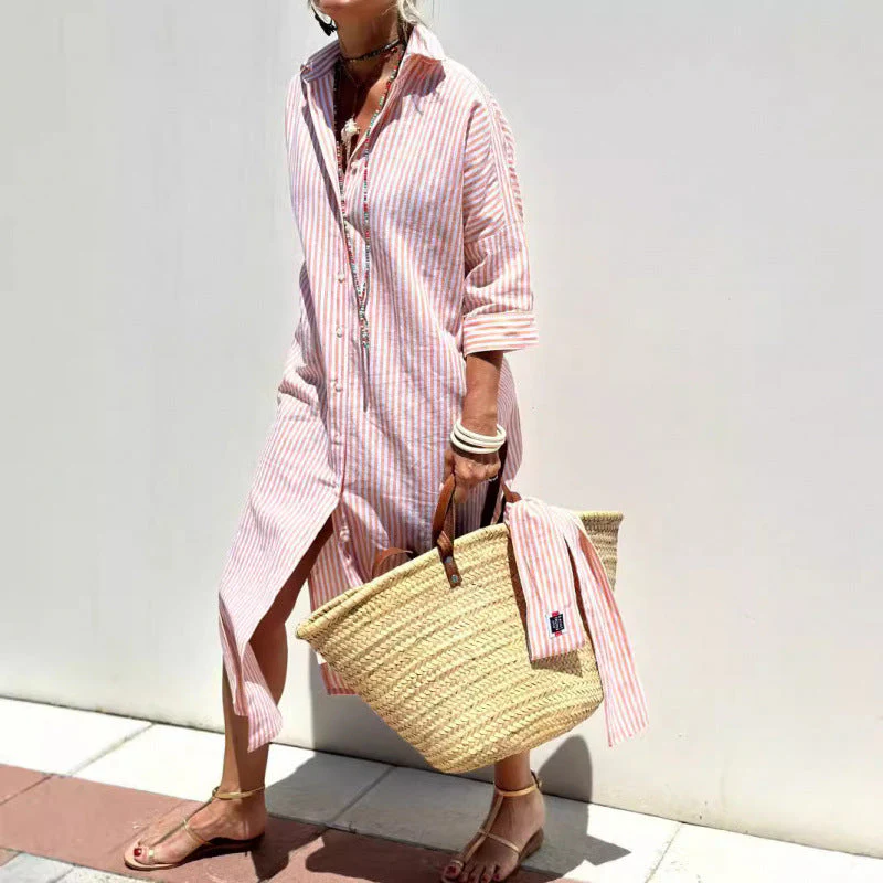 Women's Shirt Dress – Relaxed Fit – Breathable Fabric – Striped – Button Closure – Side Slits - Image 3