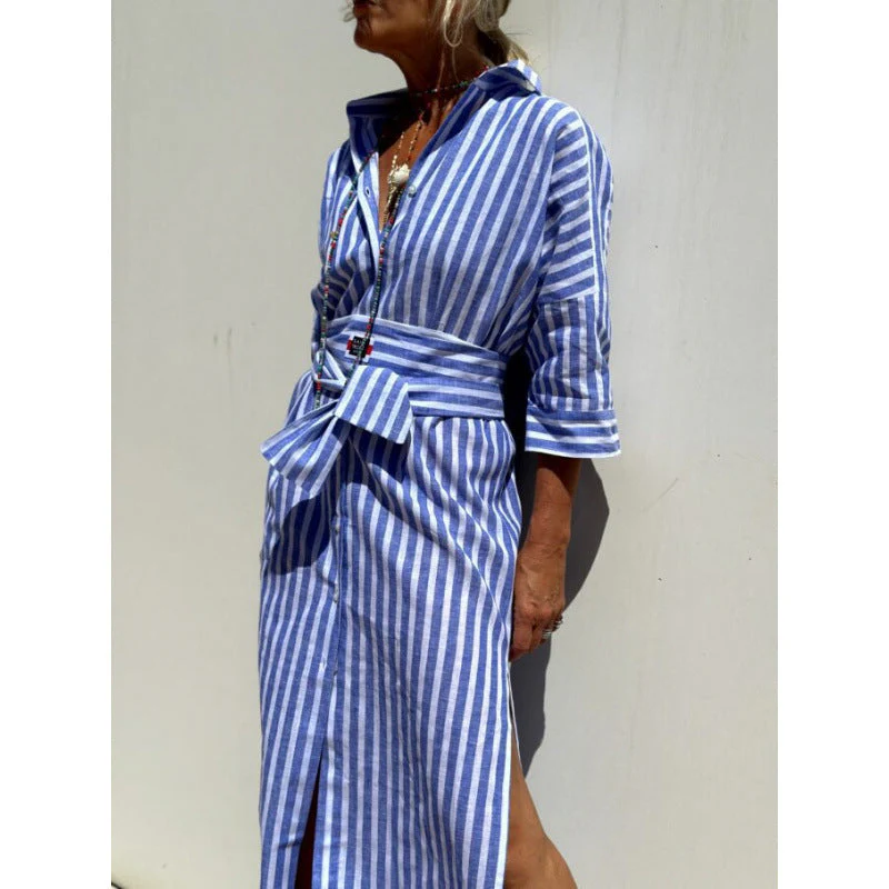 Women's Shirt Dress – Relaxed Fit – Breathable Fabric – Striped – Button Closure – Side Slits - Image 5