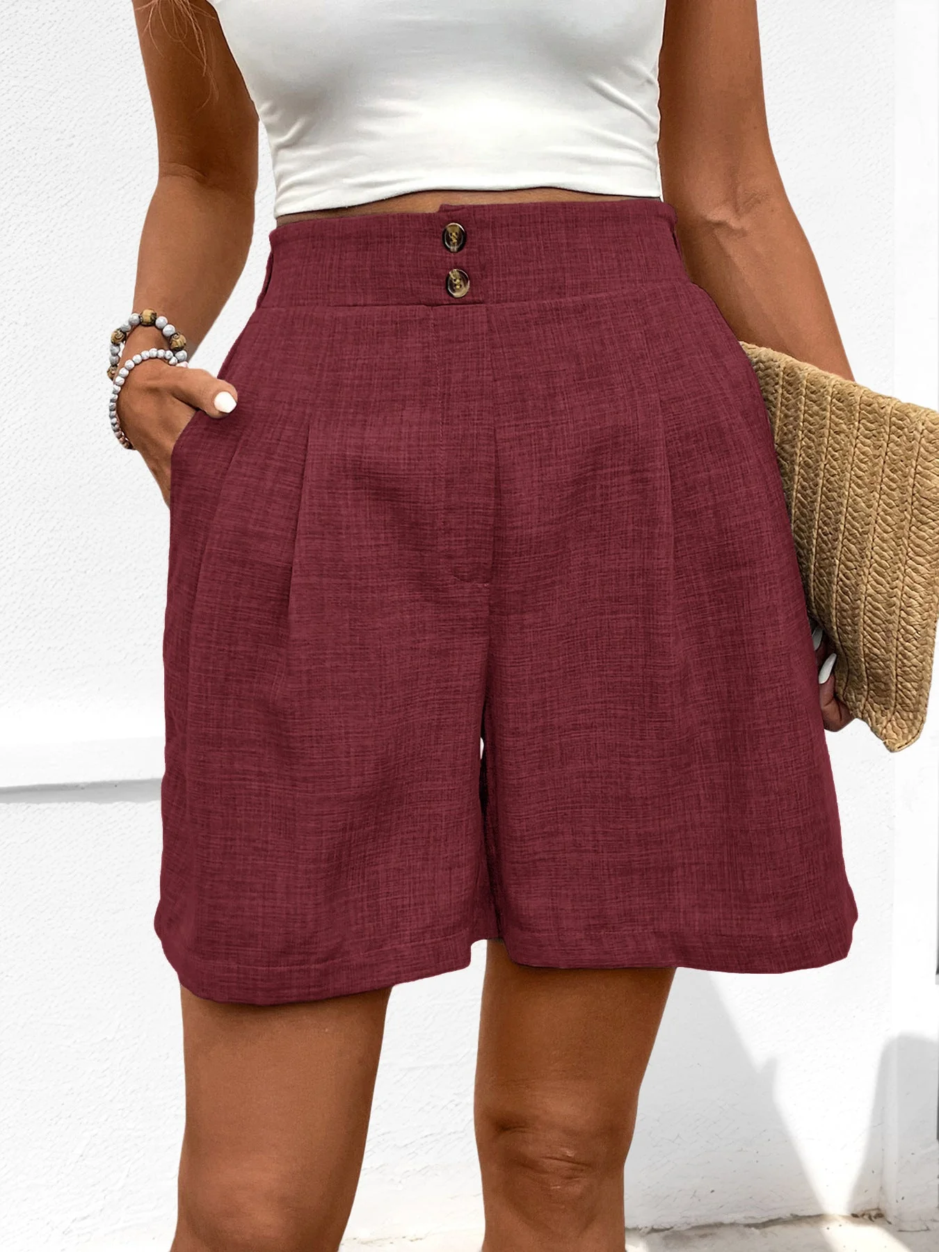 Women's Shorts – High Waist – Wide Leg – Airy Fabric – Relaxed Fit – Pleated - Image 4
