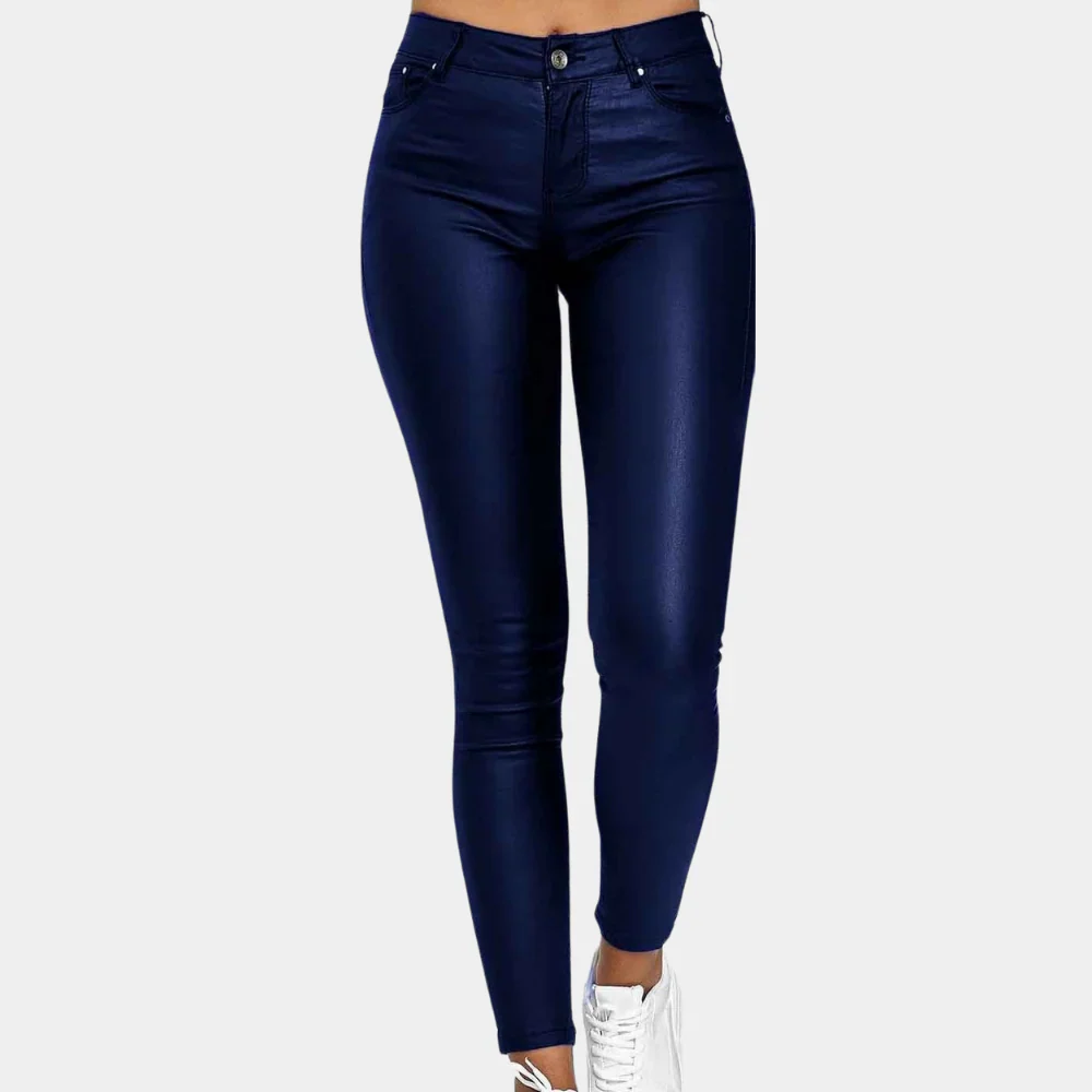 Women's Slim Fit Pants – Leatherlook Finish – Five-pocket Model – Full Length - Image 2