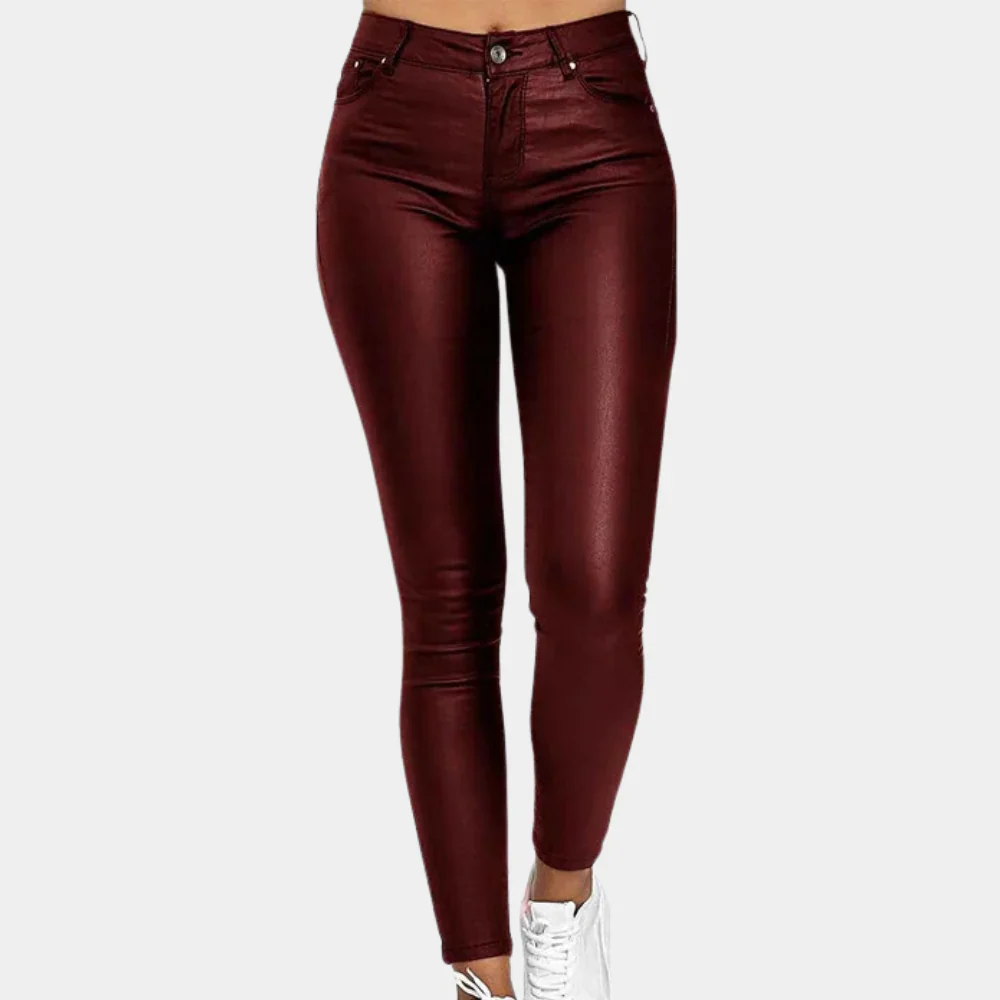 Women's Slim Fit Pants – Leatherlook Finish – Five-pocket Model – Full Length - Image 3
