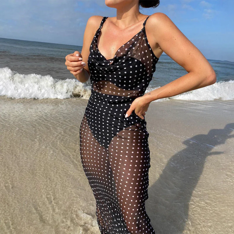 Women's Slip Dress – Slim Fit – Sheer Mesh – Spaghetti Straps – Maxi – Dotted Design - Image 2