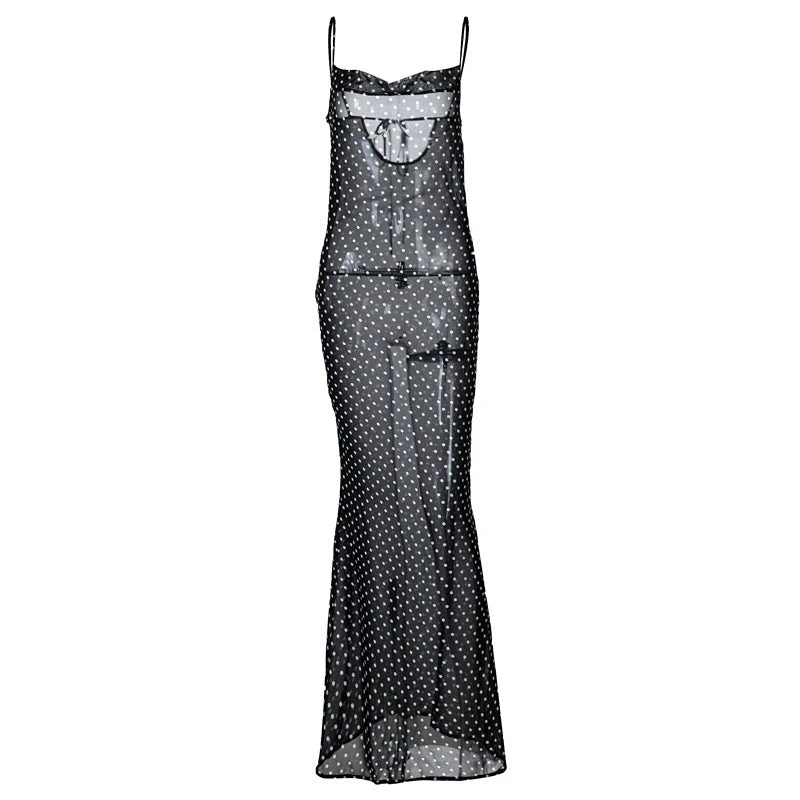 Women's Slip Dress – Slim Fit – Sheer Mesh – Spaghetti Straps – Maxi – Dotted Design - Image 5