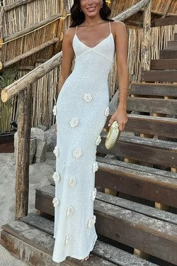 Ladies Slip Dress – Slim Fit – Soft Knit – Open Back – 3D Flower Embroidery - Image 4