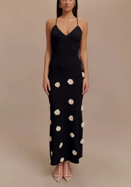 Ladies Slip Dress – Slim Fit – Soft Knit – Open Back – 3D Flower Embroidery - Image 5