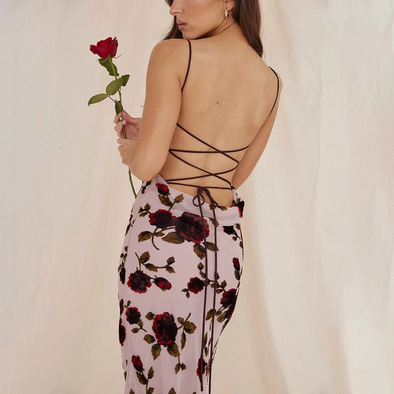 Women's Slip Dress – Silky Satin – Slim Fit – Spaghetti Straps – Open Back – Floral Print - Image 2