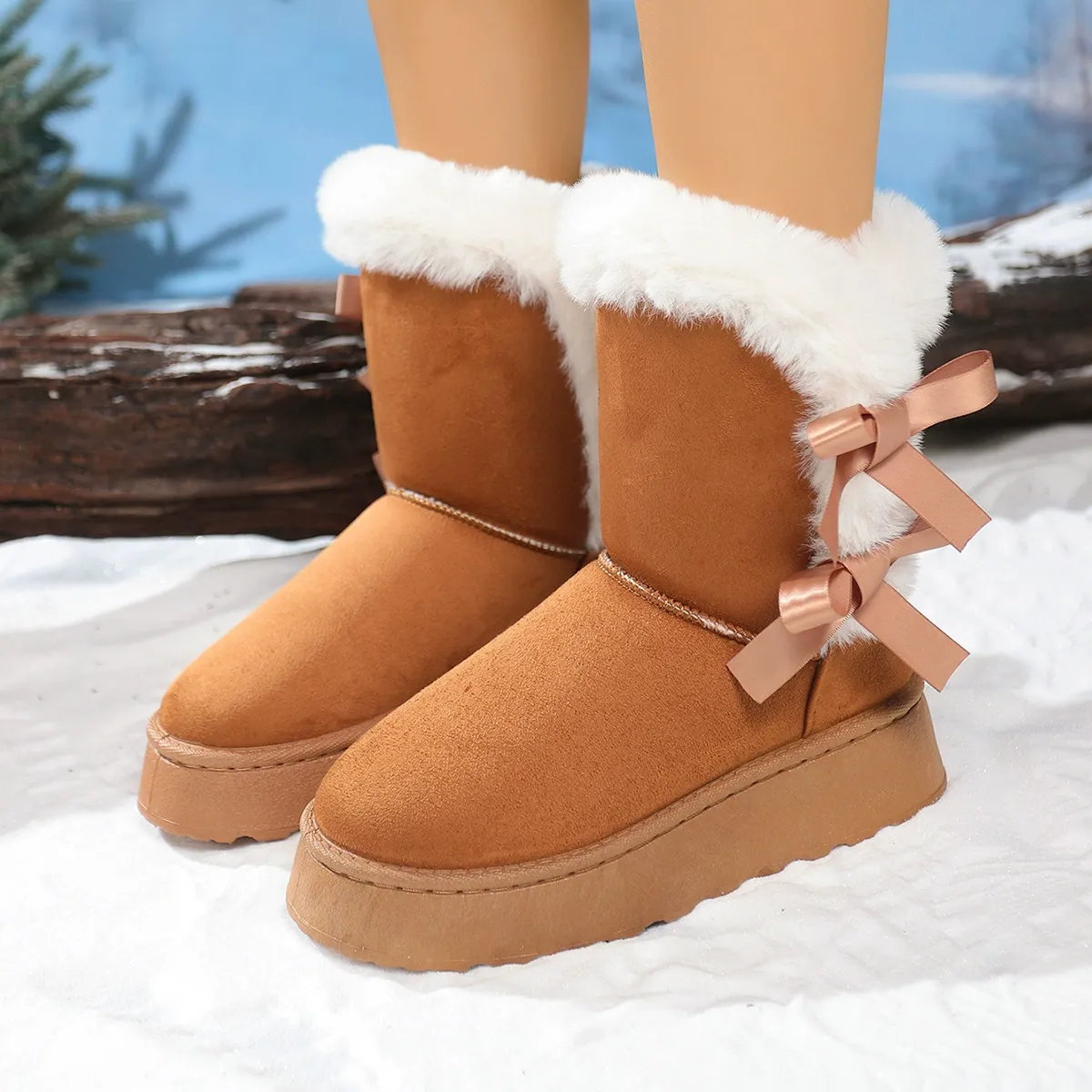 Women's Snowboots – Suede Look – Faux Fur Lined – Thick Sole – Bow Detail – Mid-high Model