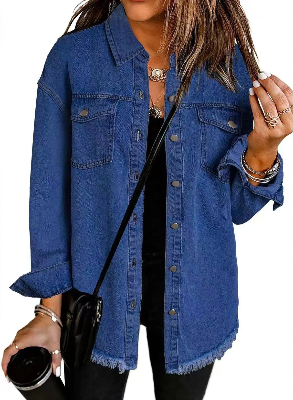 Women's denim jacket – Relaxed fit – Button fastening – Frayed hem – Casual style - Image 3
