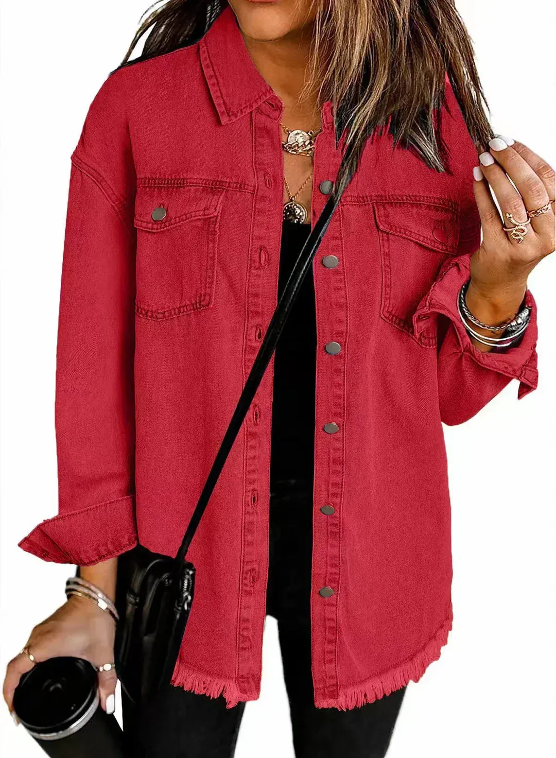 Women's denim jacket – Relaxed fit – Button fastening – Frayed hem – Casual style - Image 7