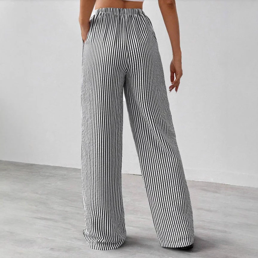 Women's Straight-Leg Pants – Breathable Material – Elastic Waist – Striped Pattern - Image 2