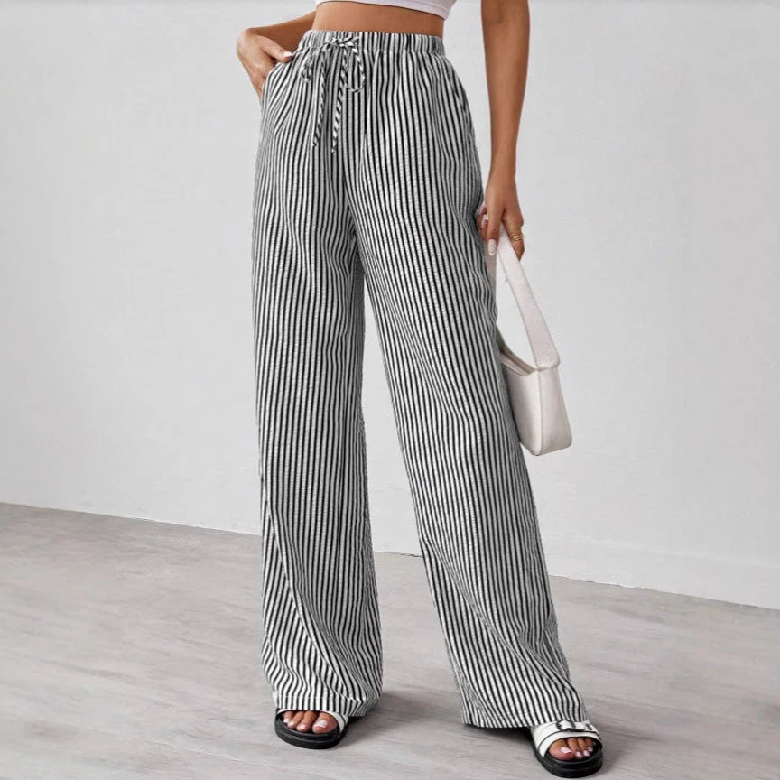 Women's Straight-Leg Pants – Breathable Material – Elastic Waist – Striped Pattern - Image 3