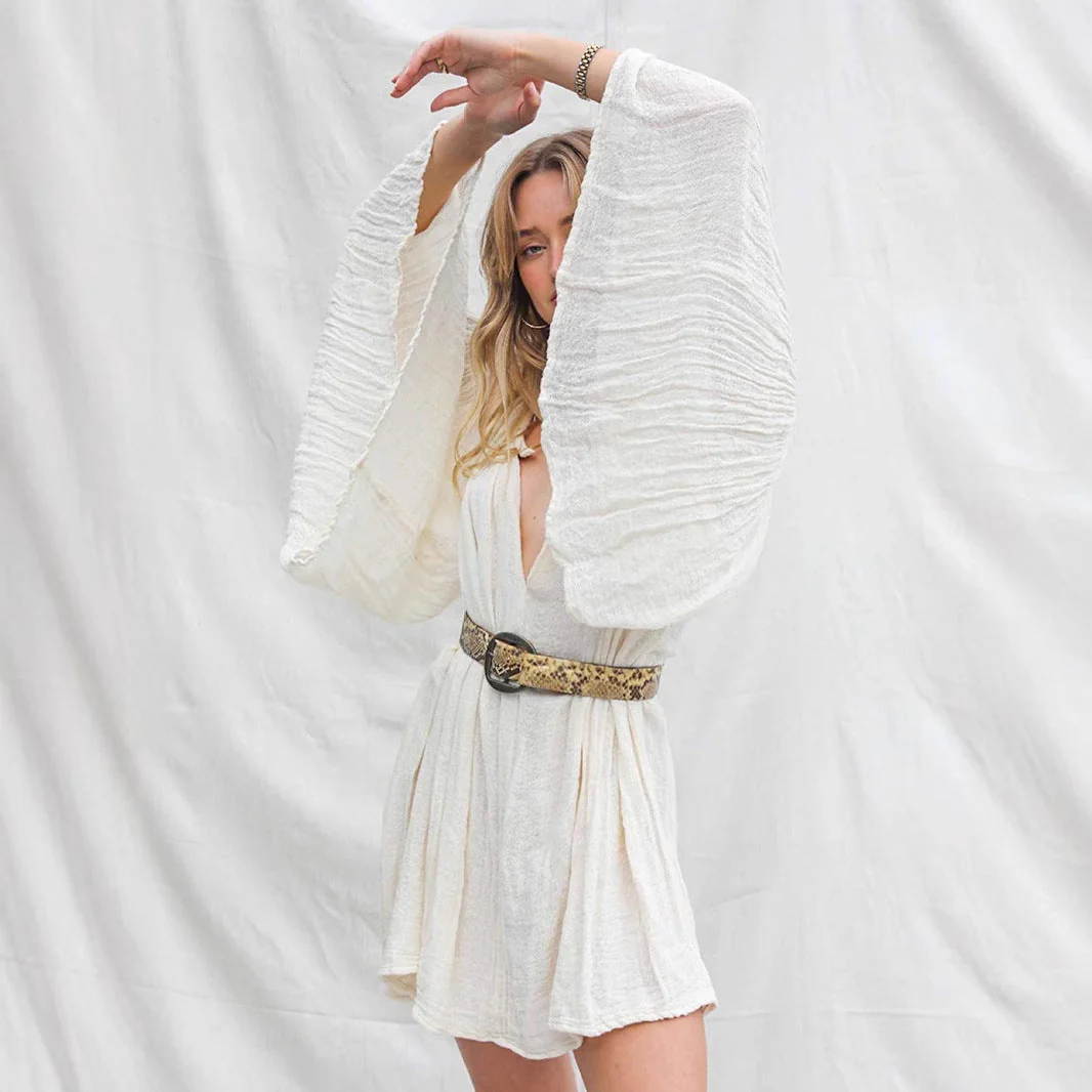 Ladies Beach Dress – Cotton – Loose-Fitting Flare Model – V-Neck – 3/4 Sleeve – With Belt - Image 3