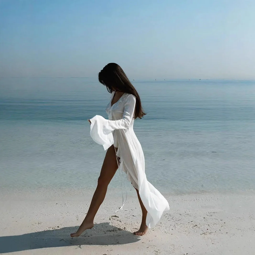 Women's beach dress – Lightweight cotton – Long sleeve – Open front with ruffles - Image 2