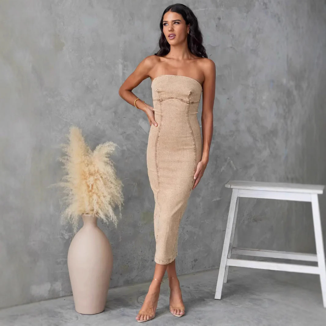 Ladies Strapless Denim Dress – Slim Fit – Midi Length – Fitted Model - Image 2