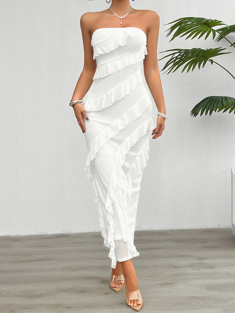 Ladies strapless dress – Bodycon fit – Full length – Asymmetrical ruffles - Image 4