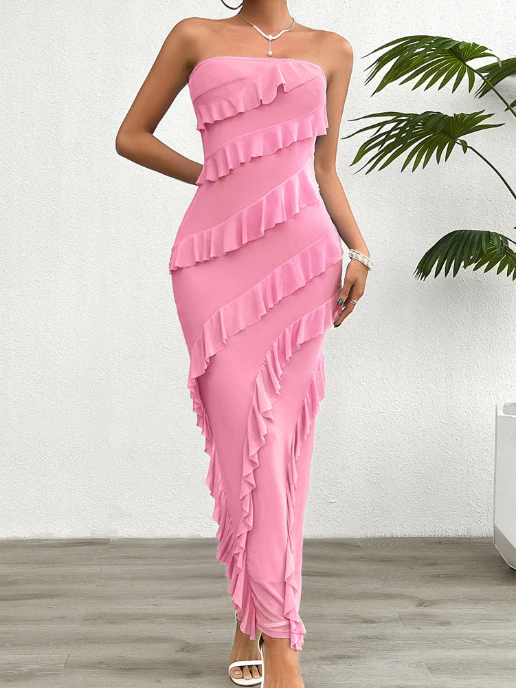 Ladies strapless dress – Bodycon fit – Full length – Asymmetrical ruffles - Image 5