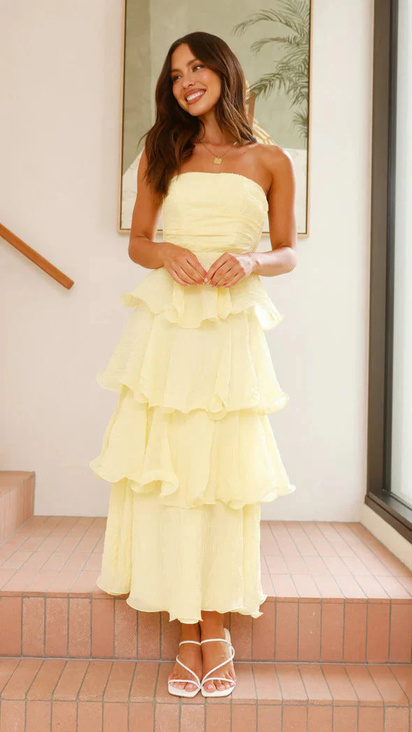 Women's strapless dress – fitted bodice – midi A-line – airy ruffle tiers - Image 10