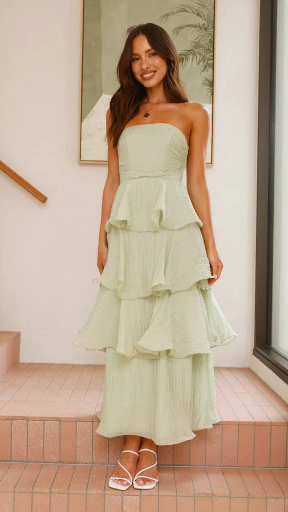 Women's strapless dress – fitted bodice – midi A-line – airy ruffle tiers - Image 11