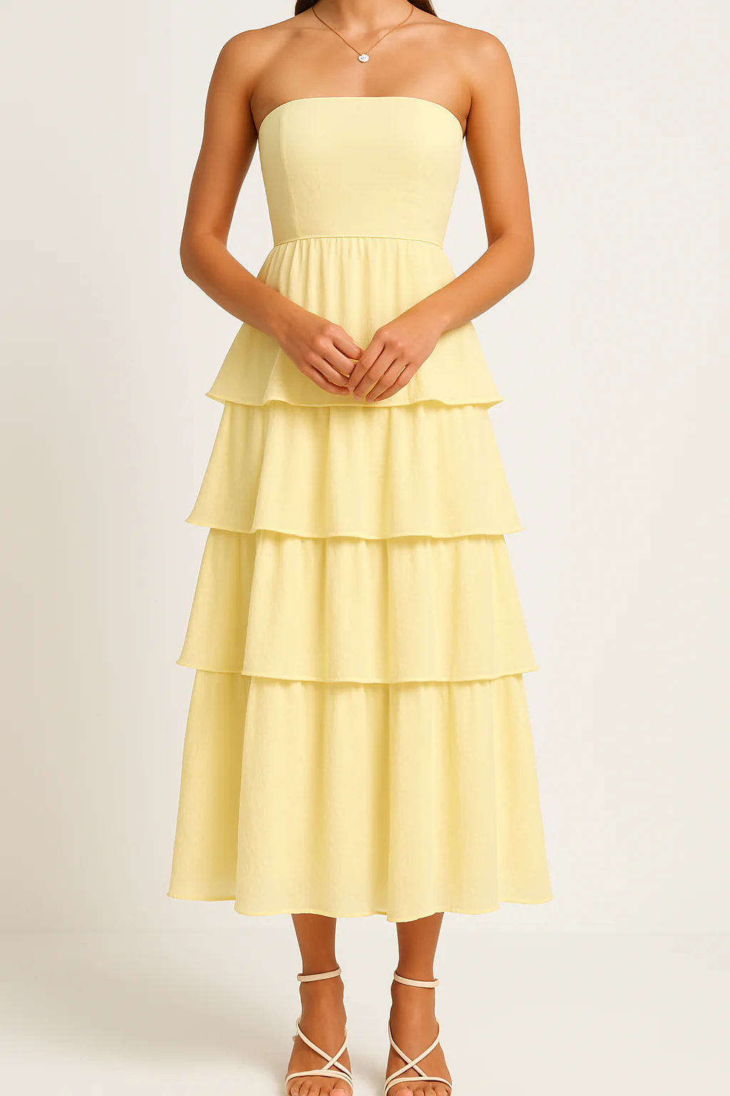 Women's strapless dress – fitted bodice – midi A-line – airy ruffle tiers - Image 2