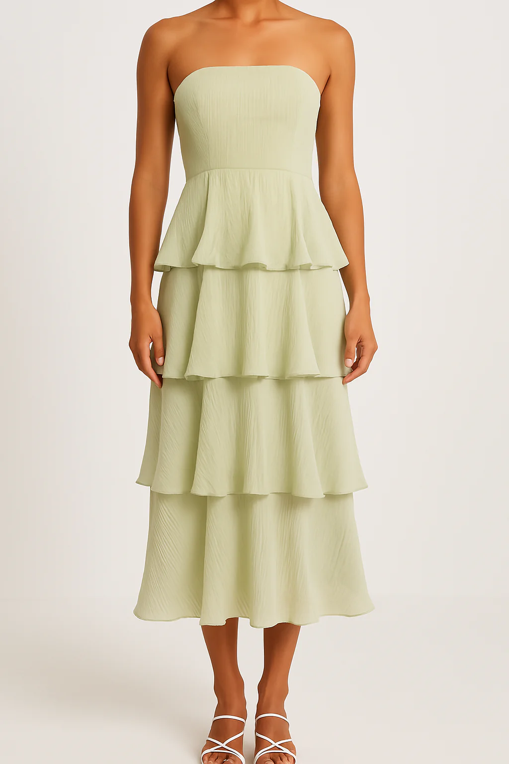 Women's strapless dress – fitted bodice – midi A-line – airy ruffle tiers - Image 3