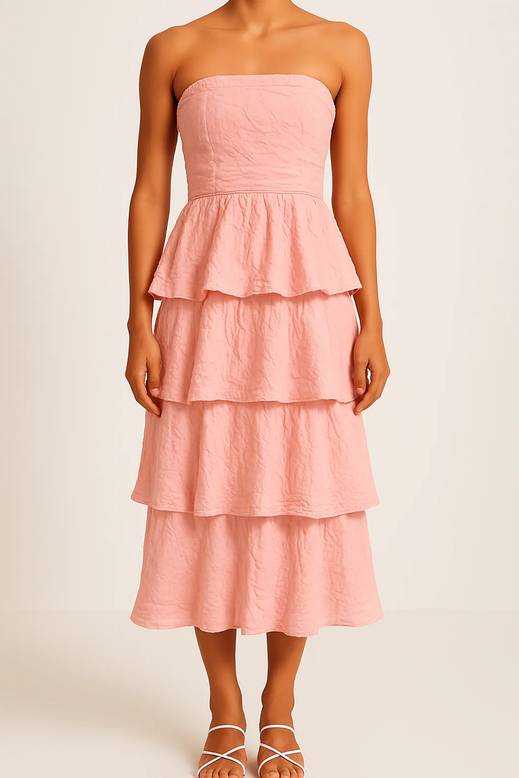 Women's strapless dress – fitted bodice – midi A-line – airy ruffle tiers - Image 4